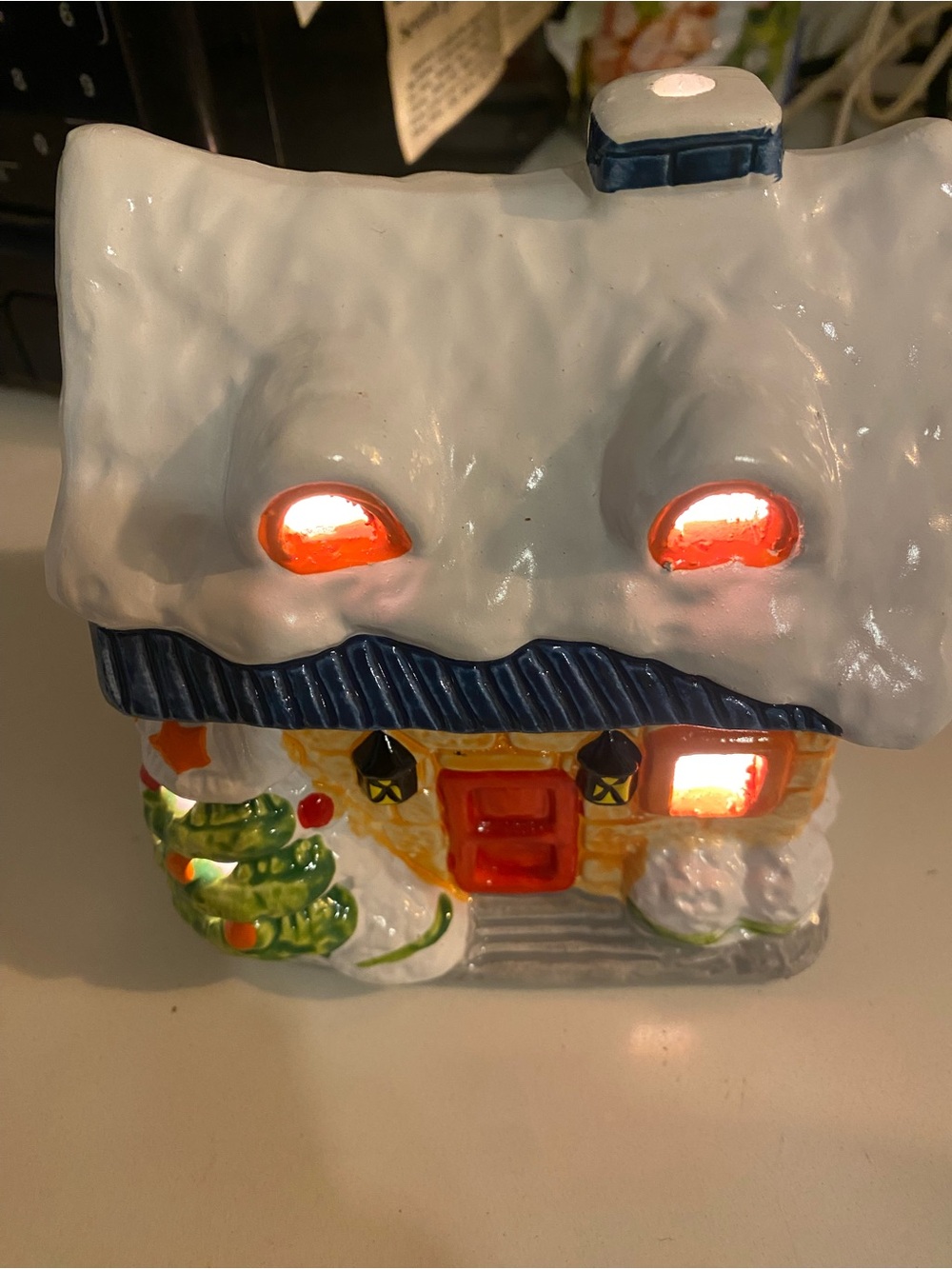 Festive Ceramic Light-Up Cottage in White and Blue